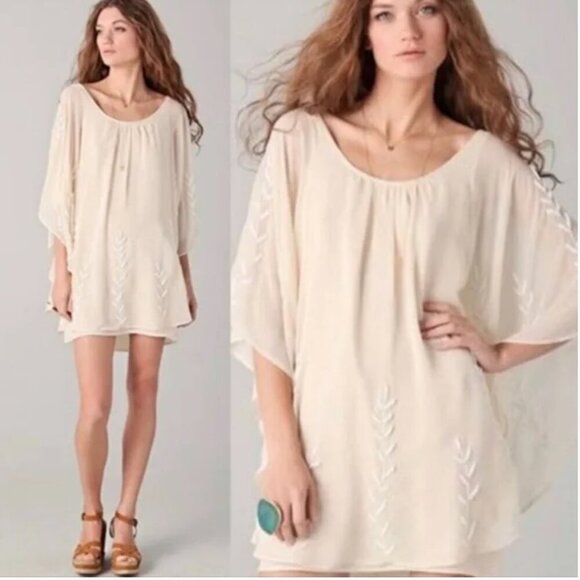 Free People Beaded Pointed Cape Drape Mini Dress Chiffon Sheer Cream XS - Picture 1 of 13
